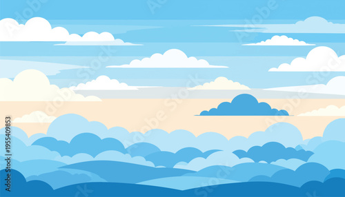 A serene landscape illustration depicts fluffy white clouds floating gently across a clear blue sky with rolling hills in the distance.