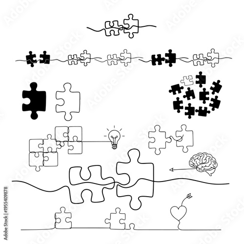 Mind Games and Puzzle Art - Minimalist Brain and Logic Concept Silhouettes