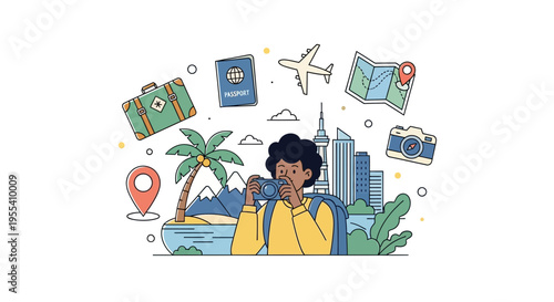 Traveler taking photo with camera, surrounded by vacation icons like passport, suitcase, plane, map