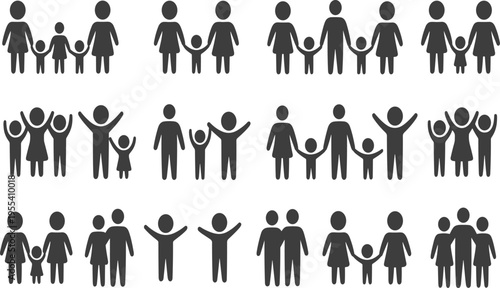 Minimalist black silhouette icons of diverse family groups with parents and children, symbolizing unity, love, parenting, relationships, and modern family diversity illustration