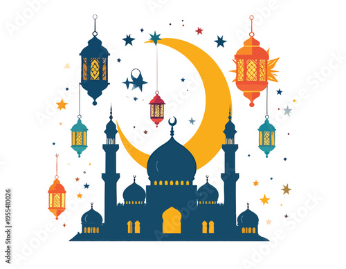 A serene nighttime scene of a mosque under a crescent moon with colorful lanterns
