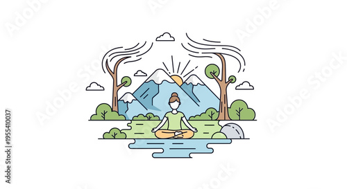 Woman meditating in nature, mountains, sunrise, yoga, wellness, outdoor lifestyle