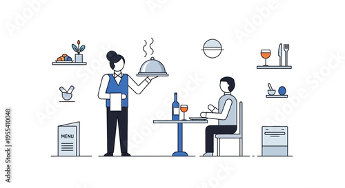 Waiter Serving Food to Customer at Restaurant Table - Flat Design Illustration