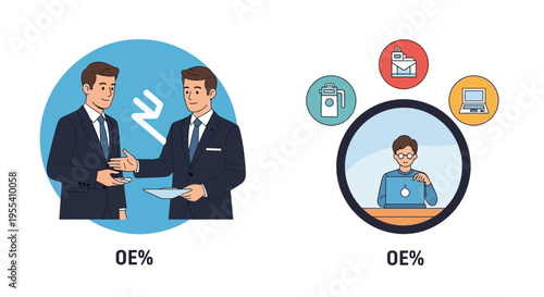 Businessmen making deal with rupee symbol, man working on laptop with icons
