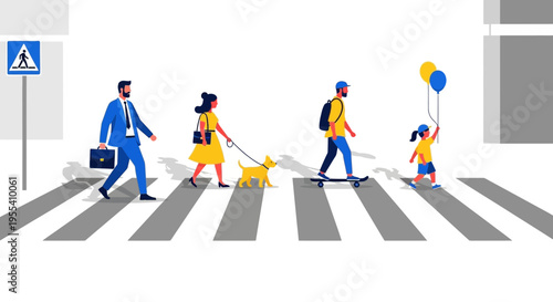 Diverse people crossing street on zebra crossing with dog and balloons