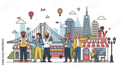 Diverse city life illustration with people, cafe, and skyline background