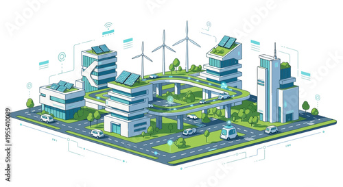 Futuristic Eco City with Green Architecture, Solar Panels, and Wind Turbines