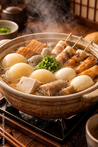 Steaming japanese oden stew in a rustic ceramic pot with boiled eggs fish cakes tofu and chopped green onions on a wooden table