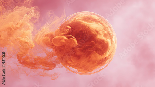 Soft ethereal basketball floating in an orange cosmic nebula with copy space.