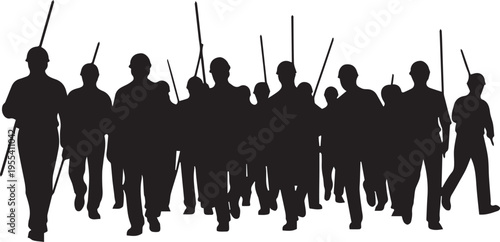 Group of industrial workers walking together vector silhouette illustration line art crowd