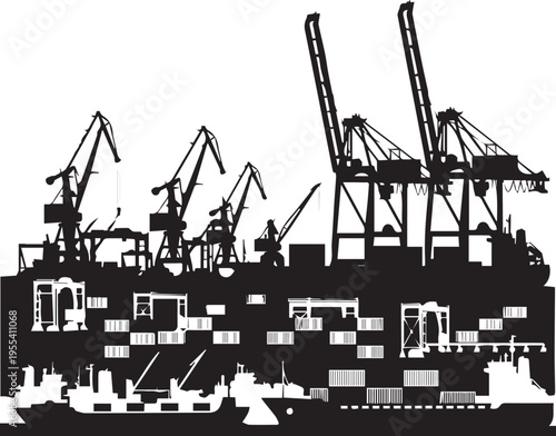 Industrial port silhouette with cargo ships and crane infrastructure vector illustration
