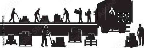 Logistics warehouse workers loading boxes on truck vector silhouette illustration backdrop