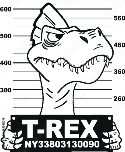 A black and white drawing of a t rex with a mugshot