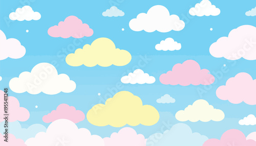 A serene daytime scene of fluffy clouds floating across a clear blue sky.