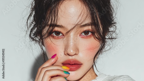 Colorful Nail polish pattern and model woman with Bottles of nail polish,Set pastel colors nail polish,studio makeup,beauty,fashion concept,space for text.