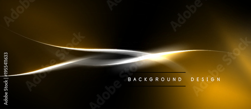 Abstract design features flowing golden lines over dark background. Smooth curves create dynamic visual effect. Minimalist style.