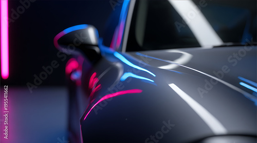 Wallpaper Mural Sleek automotive design detail with vibrant neon light reflections on metallic surface, modern vehicle aesthetics, close-up luxury car body in dark setting Torontodigital.ca