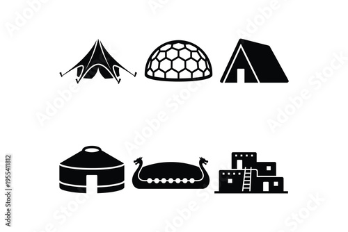 Cultural Dwellings and Historical Structures Icons - Diverse Housing Types Black and White Set