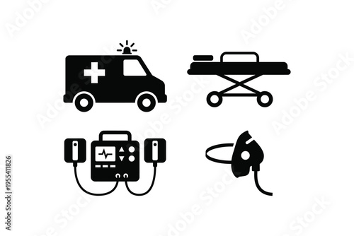 Set of medical emergency equipment icons - Ambulance and stretcher vector illustration