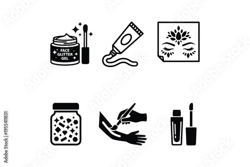 Festival makeup and face glitter icons set - Body art and glitter makeup tools illustration