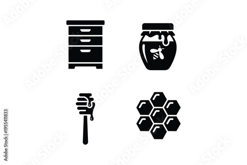 Beekeeping and honey solid icon set - Beehive honey jar dipper and honeycomb icon collection