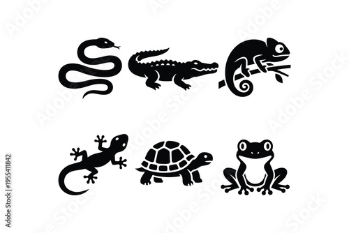 Collection of reptile and amphibian silhouettes - Black vector icons of snake crocodile and frog