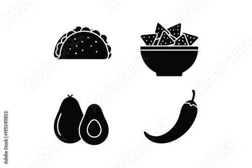 Mexican food solid icon set - Taco nachos avocado and chili icon set