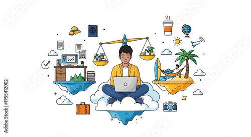 Work-Life Balance: Person balancing office work and tropical vacation on floating islands