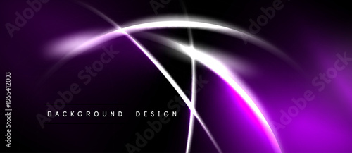 Abstract purple design features bright white lines, curves. Dark background creates dramatic visual effect. Modern, sleek presentation.