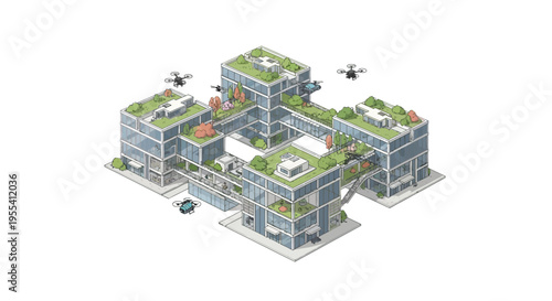 Modern Eco-Friendly Office Building with Green Roofs and Drones