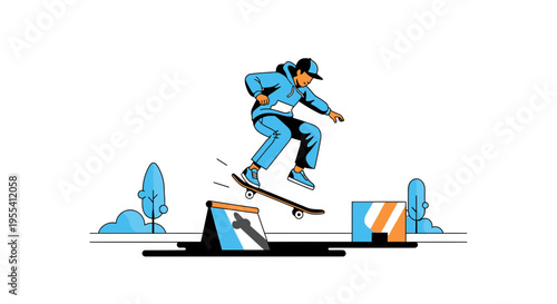 Skateboarder performing trick over obstacle, urban street art style illustration