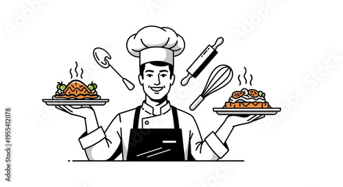 Happy Chef Holding Plates of Food and Baking Tools, Illustration