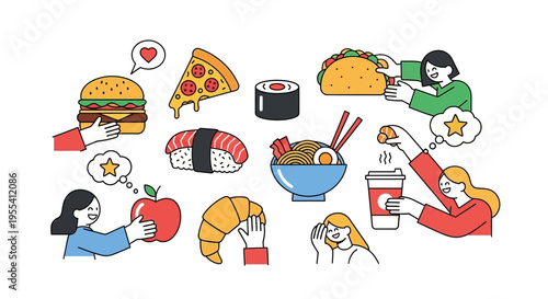Diverse Food Choices: People Enjoying Fast Food, Sushi, Tacos, Pizza, Ramen, Burgers & Coffee