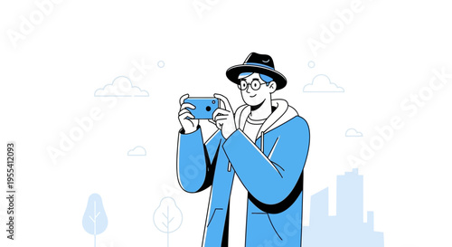 Man in hat taking photo with smartphone, city skyline background, illustration style