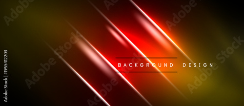 Abstract background features vibrant red, gold lines. Dark space surrounds bright central design elements. Modern aesthetic.