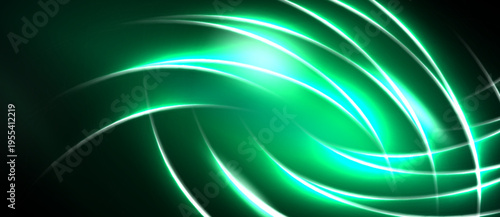 Bright green neon lines swirl against dark background. Abstract energy radiates from central point, creating dynamic visual effect.