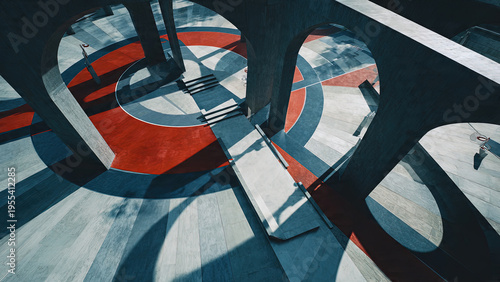 Creative isometric view of an architectural basketball court with geometry.