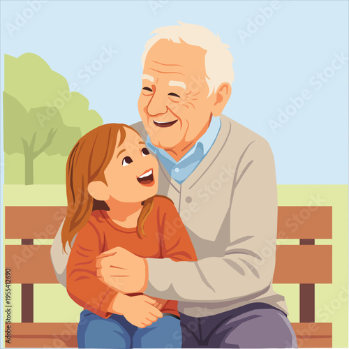 Heartwarming Grandfather Hugging Granddaughter on Park Bench – Family Love Flat Vector Illustration