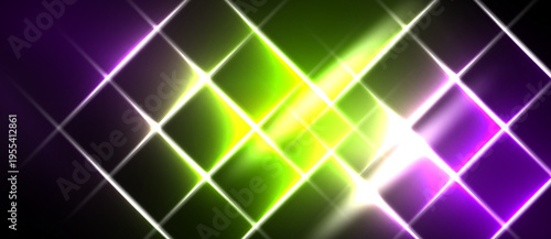 Abstract geometric pattern. Bright neon colors intersect, creating dynamic light effects. Vivid green, purple hues dominate composition.