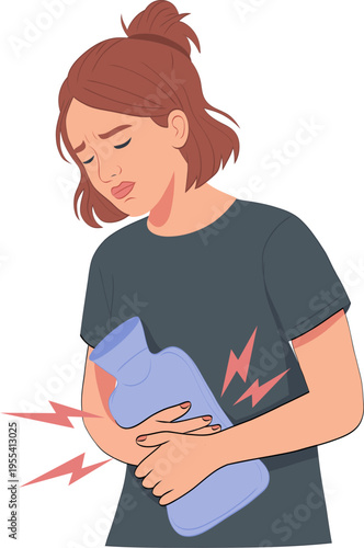 Woman with Stomach Pain Holding Hot Water Bottle Illustration