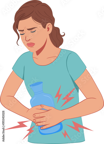 Woman with Stomach Pain Holding Hot Water Bottle Illustration