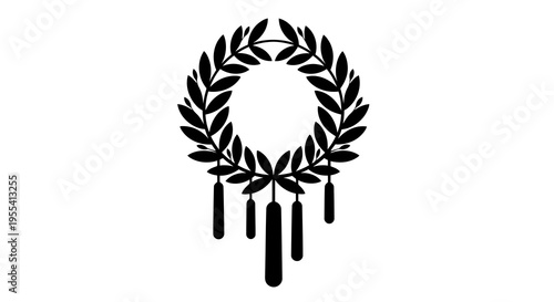 A black laurel wreath with leaves tied together at the bottom and hanging ribbons.