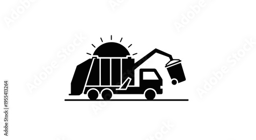 A garbage truck collecting waste with a prominent dumpster in the foreground.