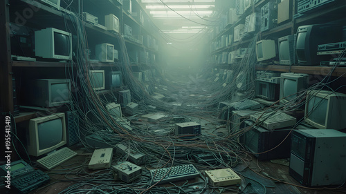 Tangled wires connecting vintage electronic devices on shelves