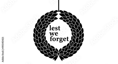 A black laurel wreath with the phrase lest we forget in the center, symbolizing remembrance.
