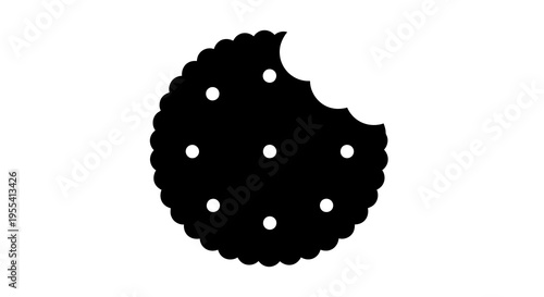 A bitten black cookie with white dots on a white background appears.