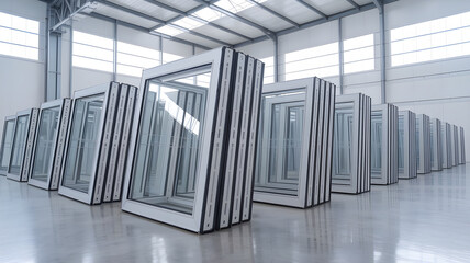 Stacks of new window frames inside factory warehouse