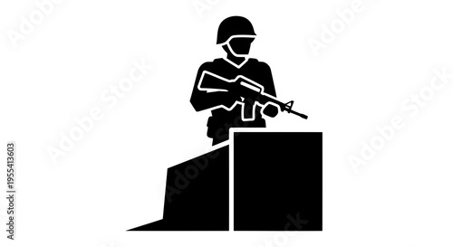 A soldier crouches behind a wall, holding a gun in a defensive position.