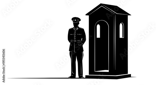 A security guard standing beside a small sentry box with a simple design.