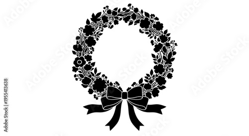 A black and white floral wreath with a ribbon at the bottom on a white background.